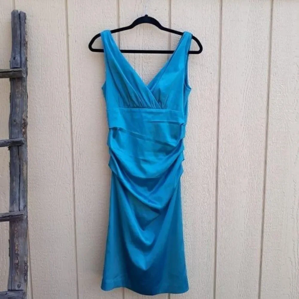 Suzi Chin Dress Y2K Cocktail Ruched Draped Surplice Satin‎ Slip Teal